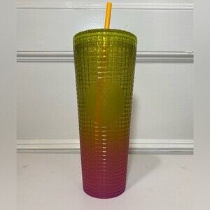 STARBUCKS Disco Strawberry Lemonade Studded Grid Cold Cup Yellow Pink Ombre 24oz